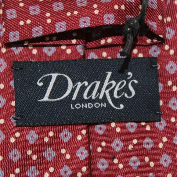 Drake's NWT Neck Tie in Red w/ Light Blue & White Geometric Pattern 100% Silk